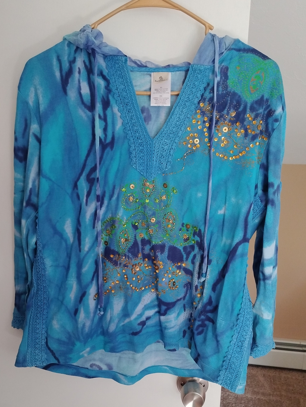 Women's Turquoise Blue Tie-Dye V-Neck Hoodie with Beaded Accents